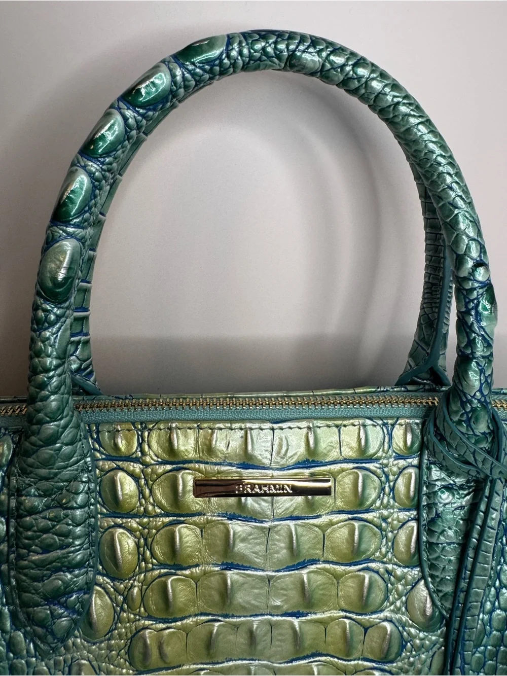 #304 Brahmin Caroline Seafoam Melbourne Embossed Leather Satchel Two-Way Bag